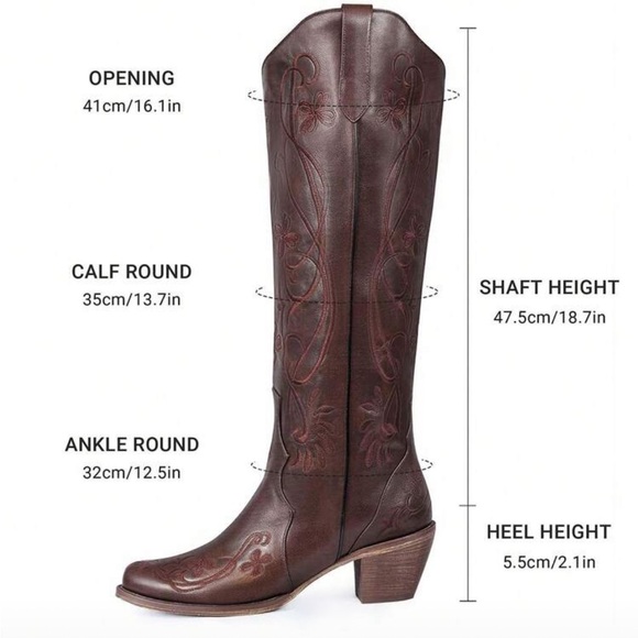 Wide Calf Friendly Embroidered Brown Knee High Western Cowgirl Pointed Toe Boots - Picture 5 of 5